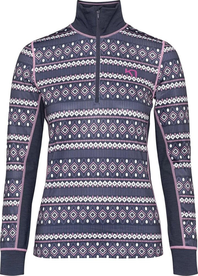 Bluza termike për goca Kari Traa Lune Froya, me zinxhir gjysmë të gjatë, madhësia L, blu e errët me motive