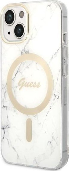 Set karikues MagSafe dhe kapak Guess Marble për iPhone 14 Plus 6.7", i bardhë