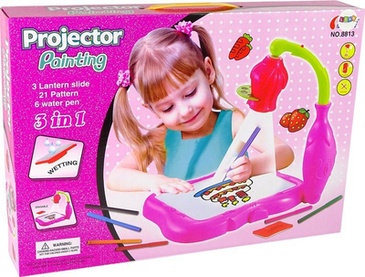 Lodër projektor vizatimi Flower, disqe me figura, markerë magjikë, rozë
