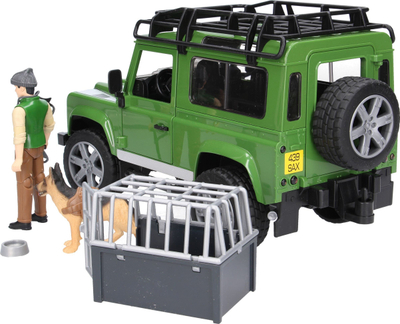 Set lodrash Bruder 02587 Land Rover Defender, makinë terreni me roje pylli dhe qen, jeshile