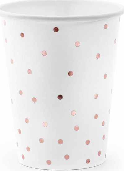 Gotë letre PartyDeco Cups Dots, 260ml, pika rose gold, e bardhë