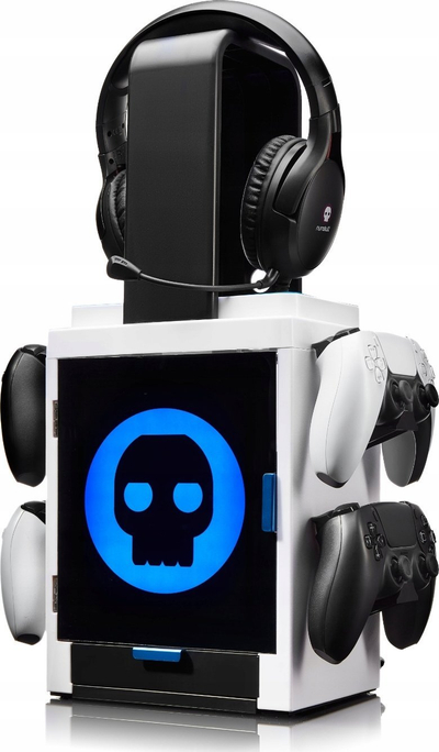 Ормар за гејминг Numskull инспириран од PS5, LED, со држач за додатоци, бел