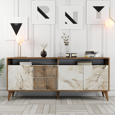 Komodë TV Kalune Design Milan, MDF 180cm, këmbë të larta, dru natyral me mermer