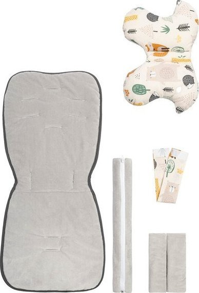Set aksesorësh për karrocë Sensillo Deluxe Forest World, dyshek me dy anë, jastëk flutur, gri me figura pylli