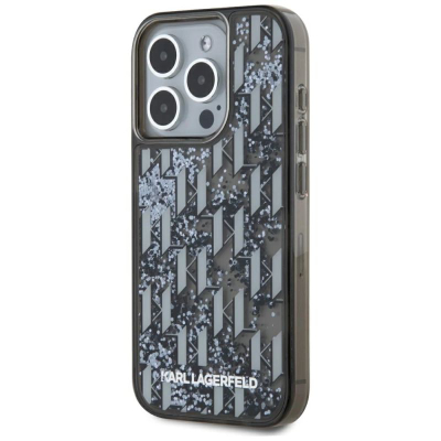 Навлака за телефон Karl Lagerfeld Liquid Glitter Monogram Gradient, за iPhone 15 Pro, поликарбонат, црна
