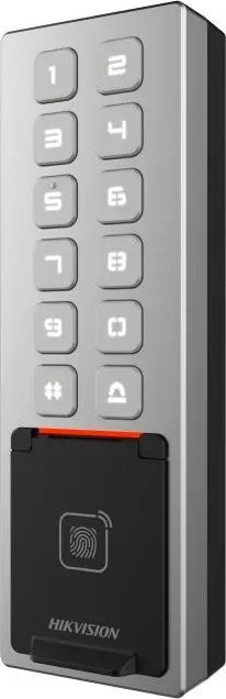 Безбеден код за пристап Hikvision DS-K1T805MBFWX, читач на отпечатоци од прсти, IP65, сиво металик