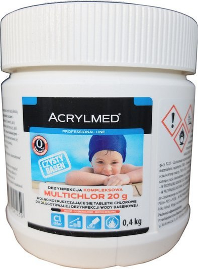 Tableta klori për pishina Acrylmed Multichlor 20 g, 0.4 kg, e bardhë