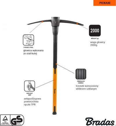 Kazmë Bradas Hardened, çelik i farkum, dorezë fiberglass, 2000 g, portokalli me të zezë