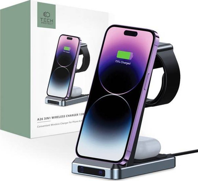 Karikues wireless 3n1 Tech-Protect QI15W-A26, 15W, me LED, i zi
