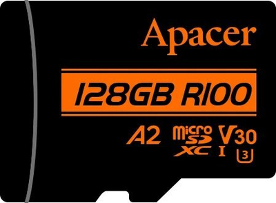 Kartë memorie Apacer MicroSDXC, 128GB, V30 A2 UHS-I U3, me adapter, e zezë