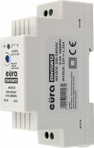 Furnizues energjie DIN-rail DIN15W12, 12V 1.25A, hyrje 200-240V, gri