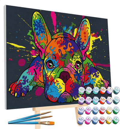 Set pikture me numra Splat Planet French Bulldog, kanavacë 40x30cm, bojë neon fluorescente, shumëngjyrëshe