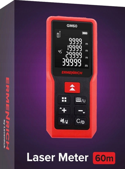 Meter lazer Ermenrich Reel GM60, 60m, për me mat distanca, kënde, sipërfaqe e vëllim