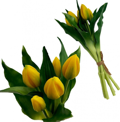 Buqetë lulesh artificiale SASKA Gift and Decor, 5 tulipanë silikon, 28 cm, të verdhë