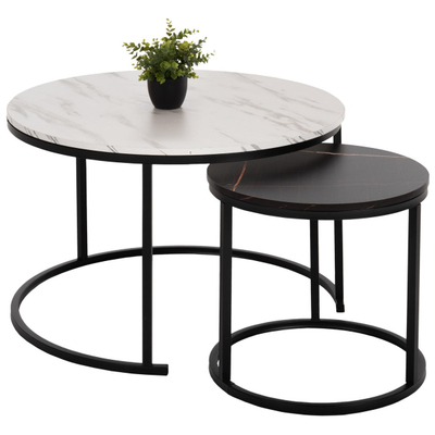 Tavolinë për kafe 2-pjesësh MDF marble mix & këmbë të zeza Φ80–48 cm (HM8763.14), zezë