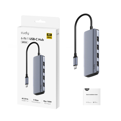 USB CUDY 6 во 1 хаб, 4K HDMI, 5 Gbit/s, сив