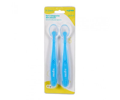 Set lugë silikoni U-Grow, 2 copë, blu e çelët