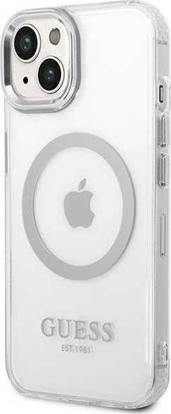 Mbulesë telefoni Guess Metal Outline MagSafe për iPhone 14 6.1", hardcase, argjendi