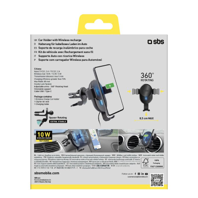 Mbajtëse makine SBS TESUPWIR10CLIPSTG, karikim wireless 10W, për grilë ajri, e zezë