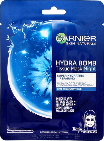 Maskë fytyre Garnier Hydra Bomb Night, pëlhure, hidratim intensiv, 32g
