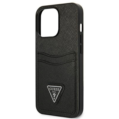 Çfutëse telefoni Guess GUHCP13LPSATPK për iPhone 13 Pro / 13 6.1", Saffiano, me xhep kartash, e zezë