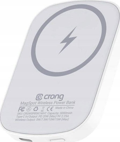 Powerbank Crong MagSafe 5000mAh, me wireless dhe USB‑C, i bardhë