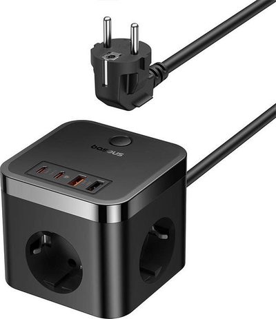 Zgjatës prizash Baseus PowerCombo 7 në 1, 30W, me USB, i zi