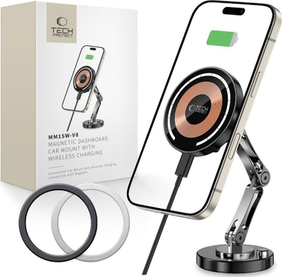Mbajtëse magnetike telefoni për makinë Tech-Protect MM15W-V8, karikim wireless 15W MagSafe, e zezë