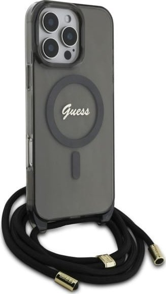 Kapak telefoni Guess GUHMP16XHCTSGNSK për iPhone 16 Pro Max 6.9", me MagSafe e me rrip crossbody, i zi