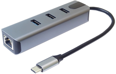 Adapter USB C PremiumCord, Gigabit Ethernet 10 100 1000Mbps, 3x USB 3.0, gri metalik