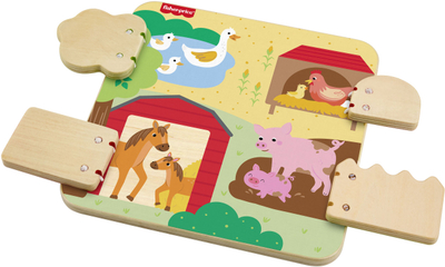 Puzzle druri Fisher-Price Wooden Farm Animals Board, me dyer interaktive, për fëmijë