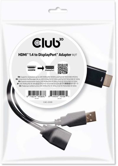 Adapter HDMI në DisplayPort Club3D CAC-2330, 4K 30Hz, me USB, i zi