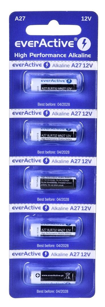 Bateri alkaline EverActive A27, 12V, paketim 5 copë, argjendtë