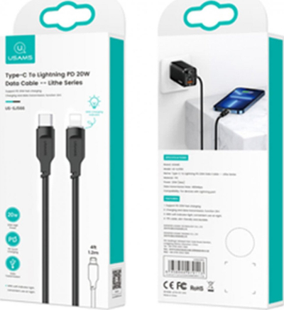 Kabllo USB Usams Lithe Series US-SJ566, USB C në Lightning, 1.2 m, PD 20W, e zezë