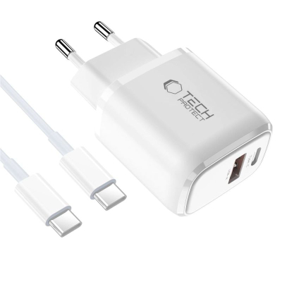 Karikues muri Tech-Protect NCA30, 30W PD QC3.0, me 2 porta USB-A edhe USB-C, i bardhë