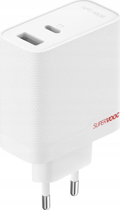 Karikues muri OnePlus SUPERVOOC 80W Dual Ports GaN, USB A dhe USB C, i bardhë
