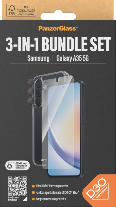 Set mbrojtës PanzerGlass 3 in 1 për Samsung Galaxy A34 5G, xham Ultra Wide Fit, maskë dhe mbrojtës kamere, transparent