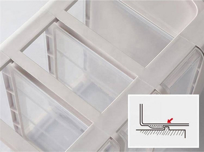 Kutí plastike për rregullim kozmetike, me 3 sirtarë e ndarje sipër, e bardhë transparente