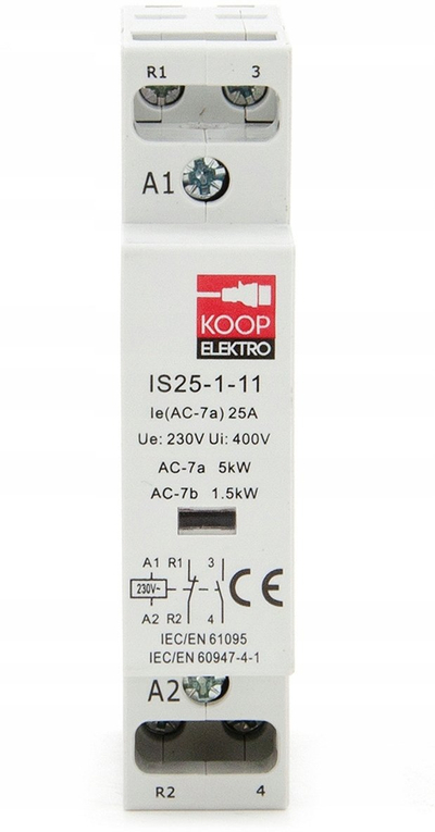 Kontaktor modular Koop Elektro IS25-1-11, 25A, 230V AC, i bardhë