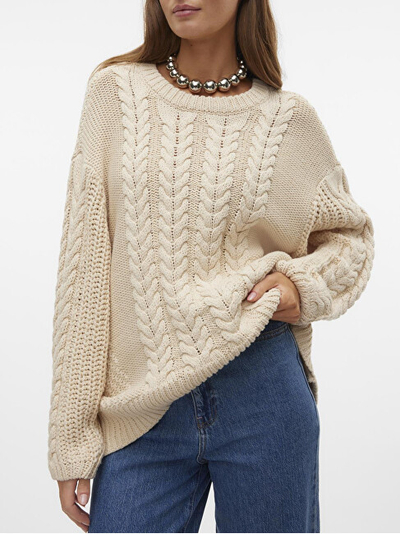 Pulovër për femra Vero Moda Cable Knit, bezhë