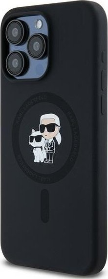 Kopertinë Karl Lagerfeld Liquid Silicone Karl and Choupette MagSafe për iPhone 15 Pro Max, silikoni i lëmuar, e zezë