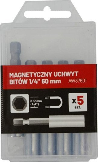 Mbajtëse magnetike për bit AWTools AW37601, 1/4", 60mm, set me 5 copë, ngjyrë argjendtë