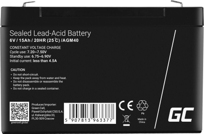 Bateri Green Cell AGM VRLA, 6V, 15Ah 