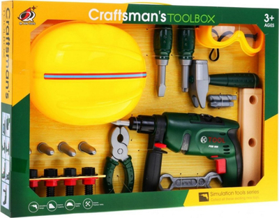 Set veglash lodër Craftsman Toolbox, me stërvitje elektrike, helmetë dhe syze, i verdhë