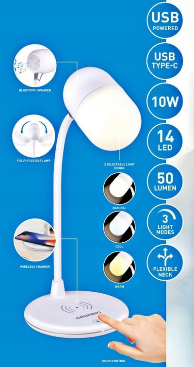 Llambë nate LED shumëfunksionale me bokës Bluetooth, karikim wireless, me shumë ngjyra