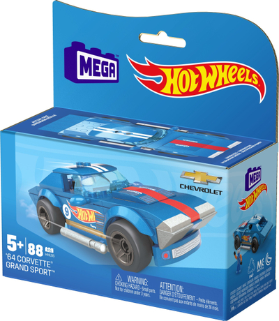 Set ndërtimi MEGA Hot Wheels 64 Corvette Grand Sport, 88 copa, me figurë shoferi, blu