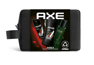 Set Axe Africa - xhel dushi 250 ml + deodorant 150 ml + losion pas rrojes 100 ml + çantë kozmetike