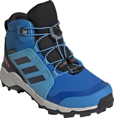 Këpucë trekking fëmijësh Adidas Terrex Mid GTX K, GORE-TEX, shtrëngim i shpejtë, blu