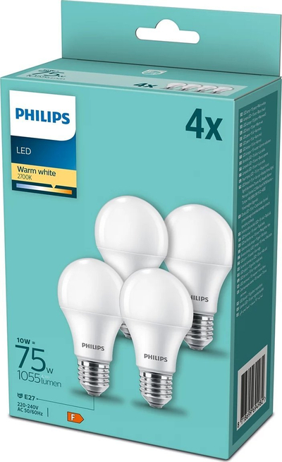 Llambë LED Philips A60 E27, 10W 2700K, set me 4 copë, e bardhë mat