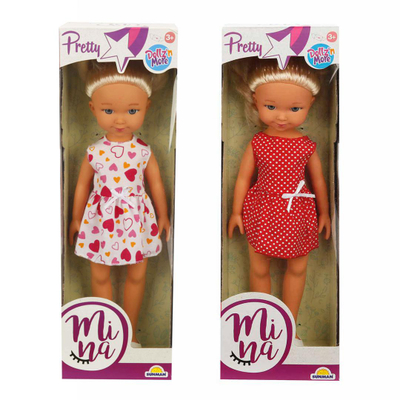 Kukull Mina Baby, 35 cm, fustan i kuq me pika të bardha